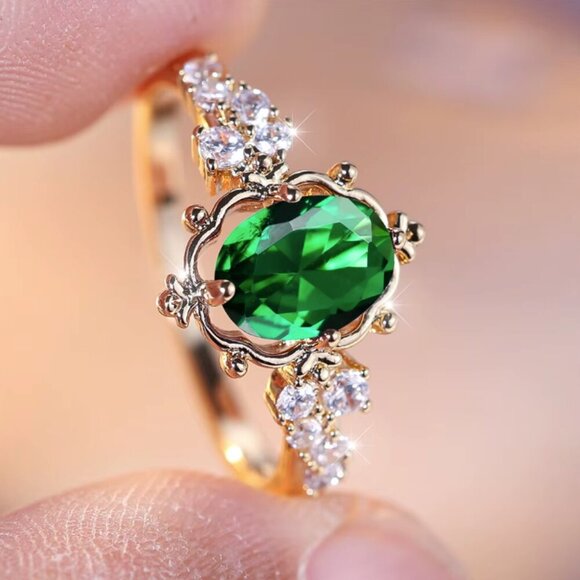 NEW 14k Yellow Gold Emerald Ring Band Oval Cut - Picture 3 of 4